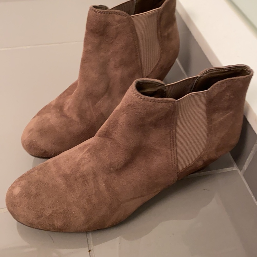 Brown suede wedge booties